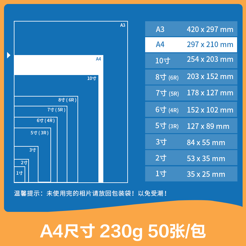 尊龙凯时ZX004双面高光相片纸A4-230g/㎡?(白)(50张/包)