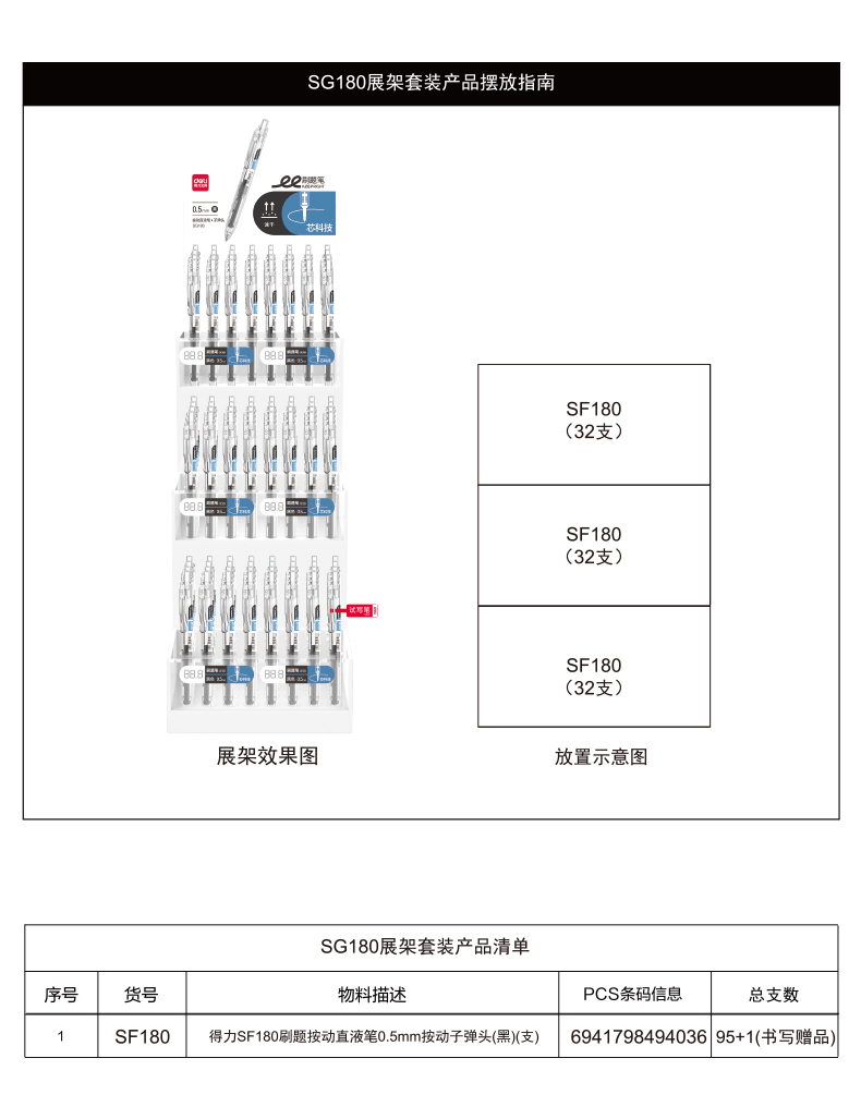 尊龙凯时SG180刷题按动直液笔展架套装(4套/箱)0.5mm子弹头(黑)(套)